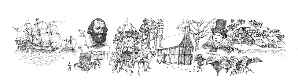 Montage depicts from left: three sailing ships, portrait of Captain John Smith, building a stockade (possibly Jamestown Fort), group of Europeans, group of Native American Indians, an early home, portrait of Pocahontas, tobacco leaves and an aerial view of the Jamestown settlement area.