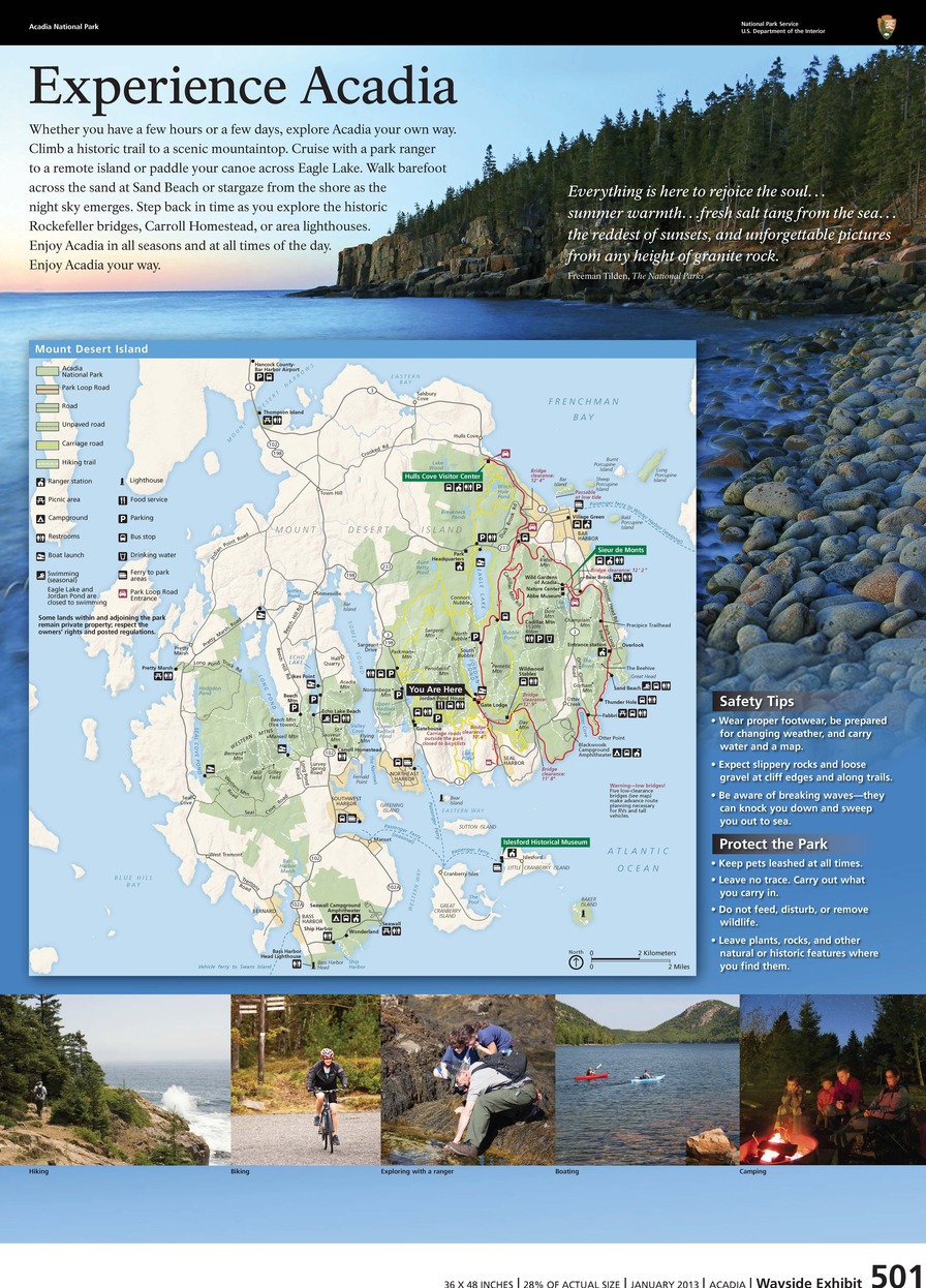 Title: Experience Acadia in bold; background image of oceanside conifers and rocks and inset map of the park.