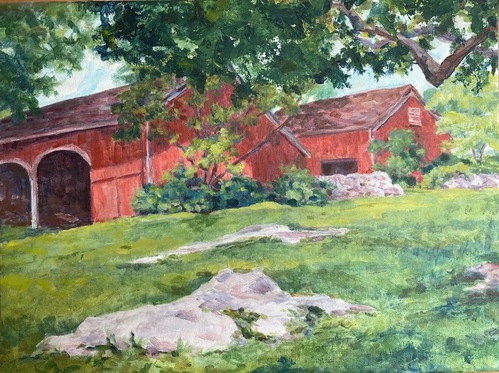 A painting of two red barns on top of a hilly meadow.