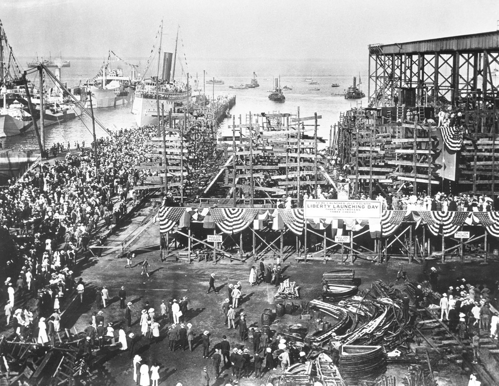 Launching of a ship at Newport News, Virginia.