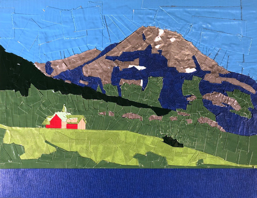 A duck tape and painters tape art piece of Waterton Lakes National Park, Canada. This features mountains in the background with snow on them, a lake in the foreground, trees and grass around the lake, a building on a hillside in the middle ground and clouds in the sky.