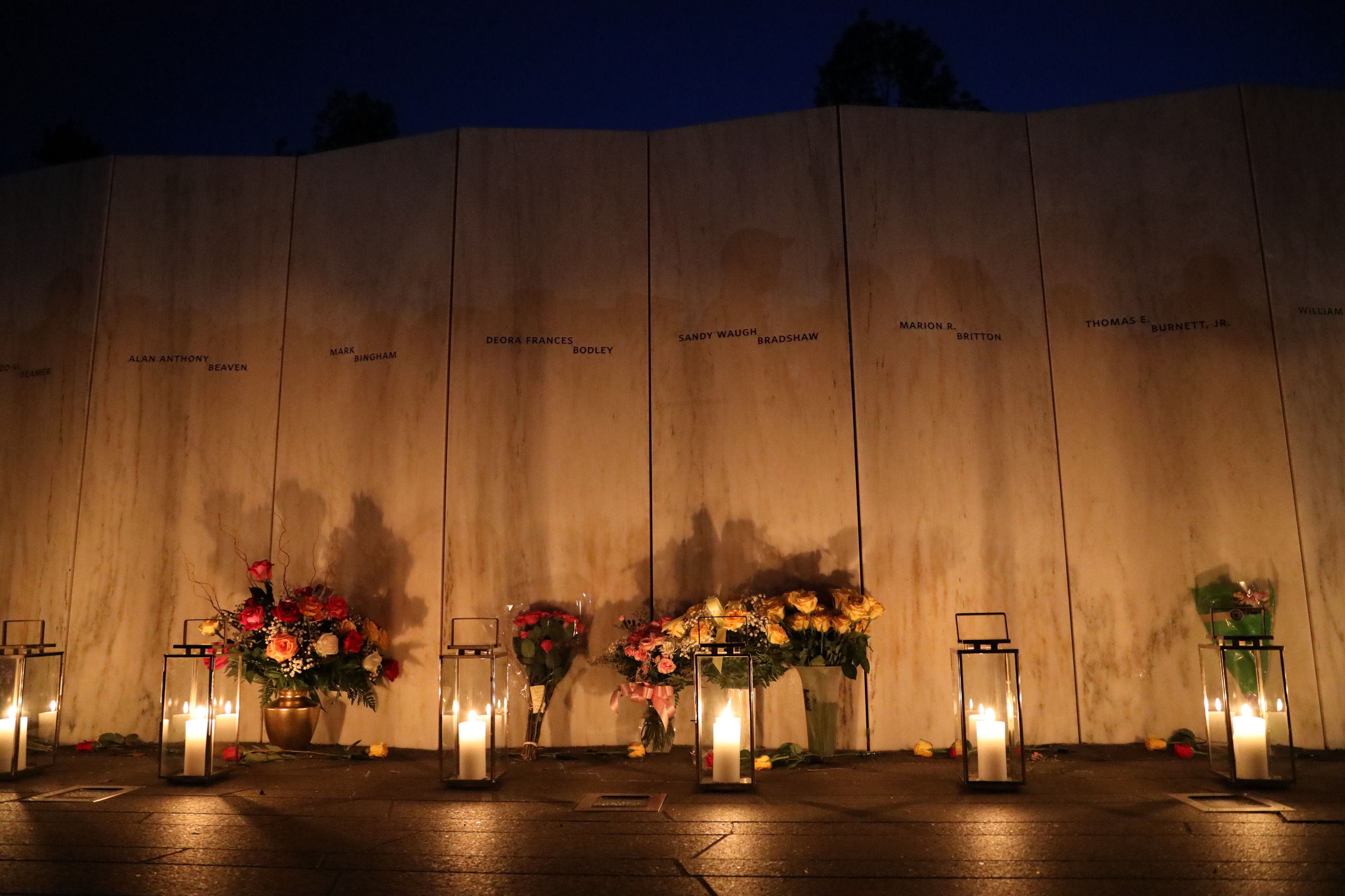 Lanterns are placed at the Wall of Names to pay tribute to the forty passengers and crew members of Flight 93.