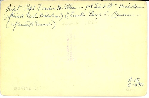 Captain Francis M. Gibson, Lieutenant William Nicholson, and Lieutenant George Cameron Standing on a Porch in Full Dress Uniform wearing Plumed Helmets