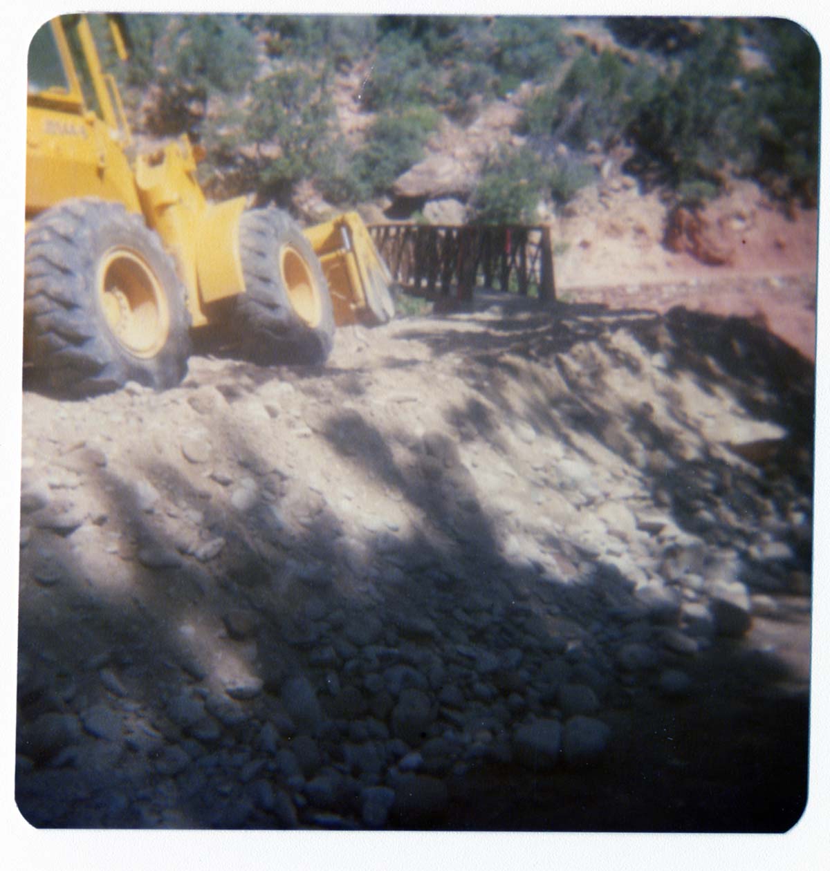 Construction vehicle working during the emplacement of the new Zion Lodge footbridge.