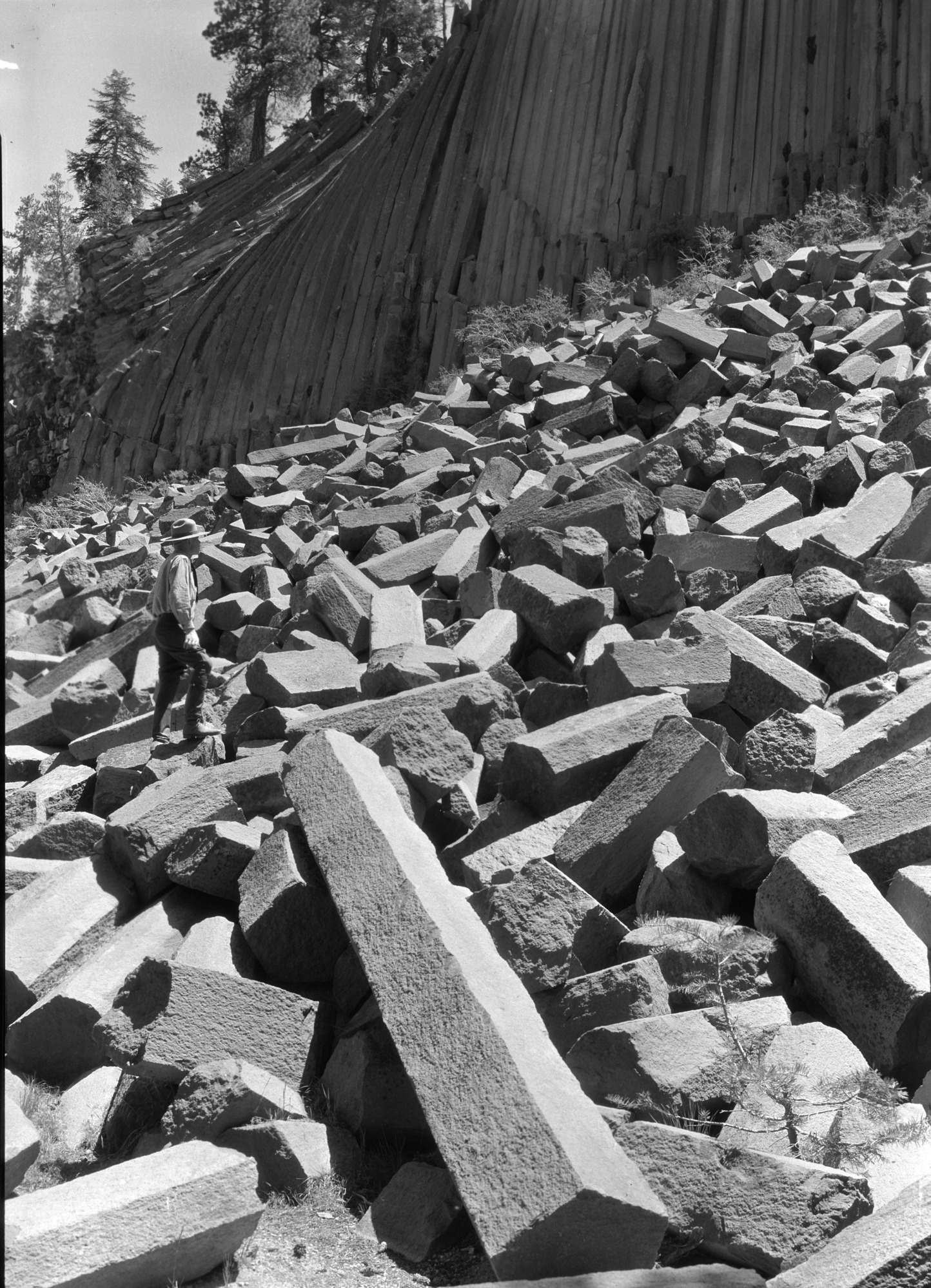 Closeup of talus of broken posts with Ranger Jacobs.