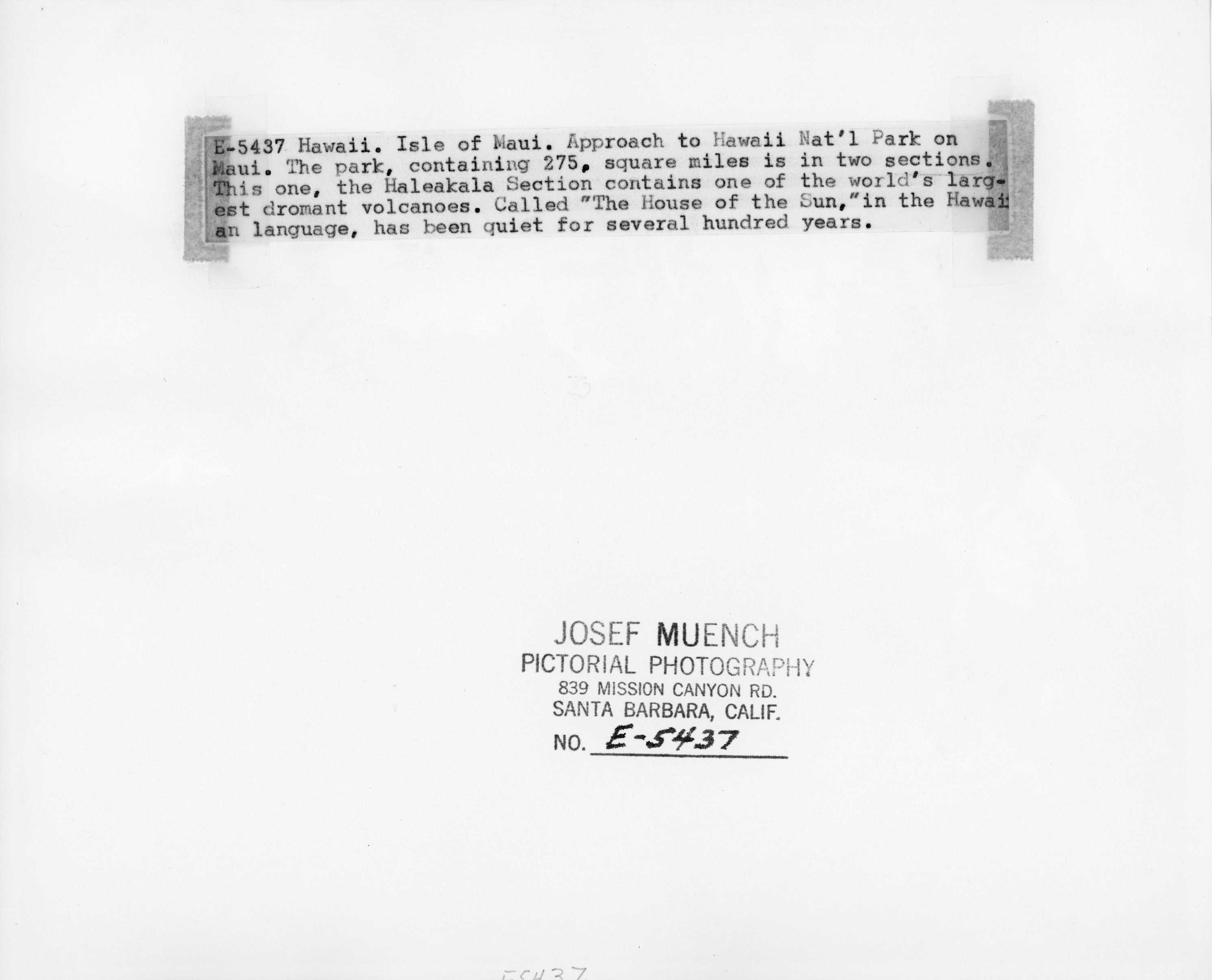 The back of the picture with the woman standing next to the entrance sign that leads into the Haleakalā section of Hawaii National Park. The back of the image has text that reads, “E-5437 Hawaii. Isle of Maui. Approach to Hawaii National Park on Maui. The park, containing 275, square miles is in two sections. This one, the Haleakalā Section contains one of the world’s largest dormant volcanoes. Called “The House of the Sun,” in the Hawaiian language, has been quiet for several hundred years.” At the bottom, it has the photographer's name, “Josef Muench,” where the image was produced, “Pictorial Photography, 839 Mission Canyon Road. Santa Barbara, California,' and the number assigned to the image, "No. E-5437."