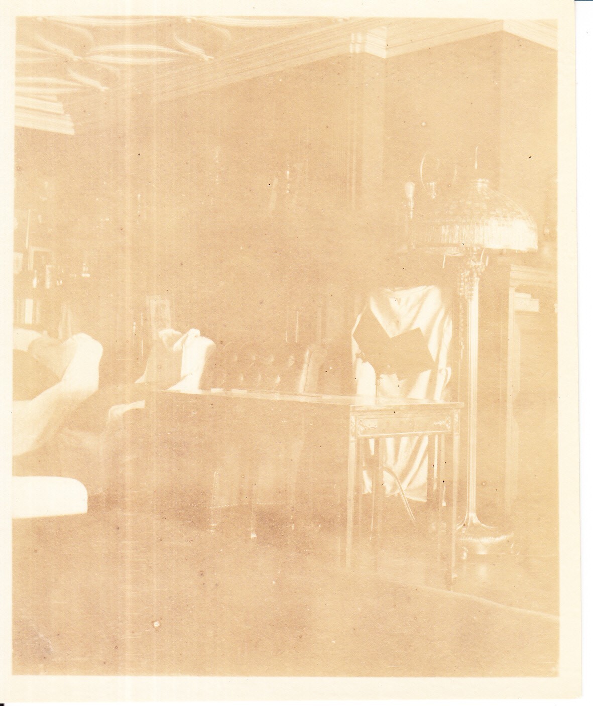 Glenmont, interior, second floor, Family Living Room, living and sitting room, detail of floor lamp and desk.