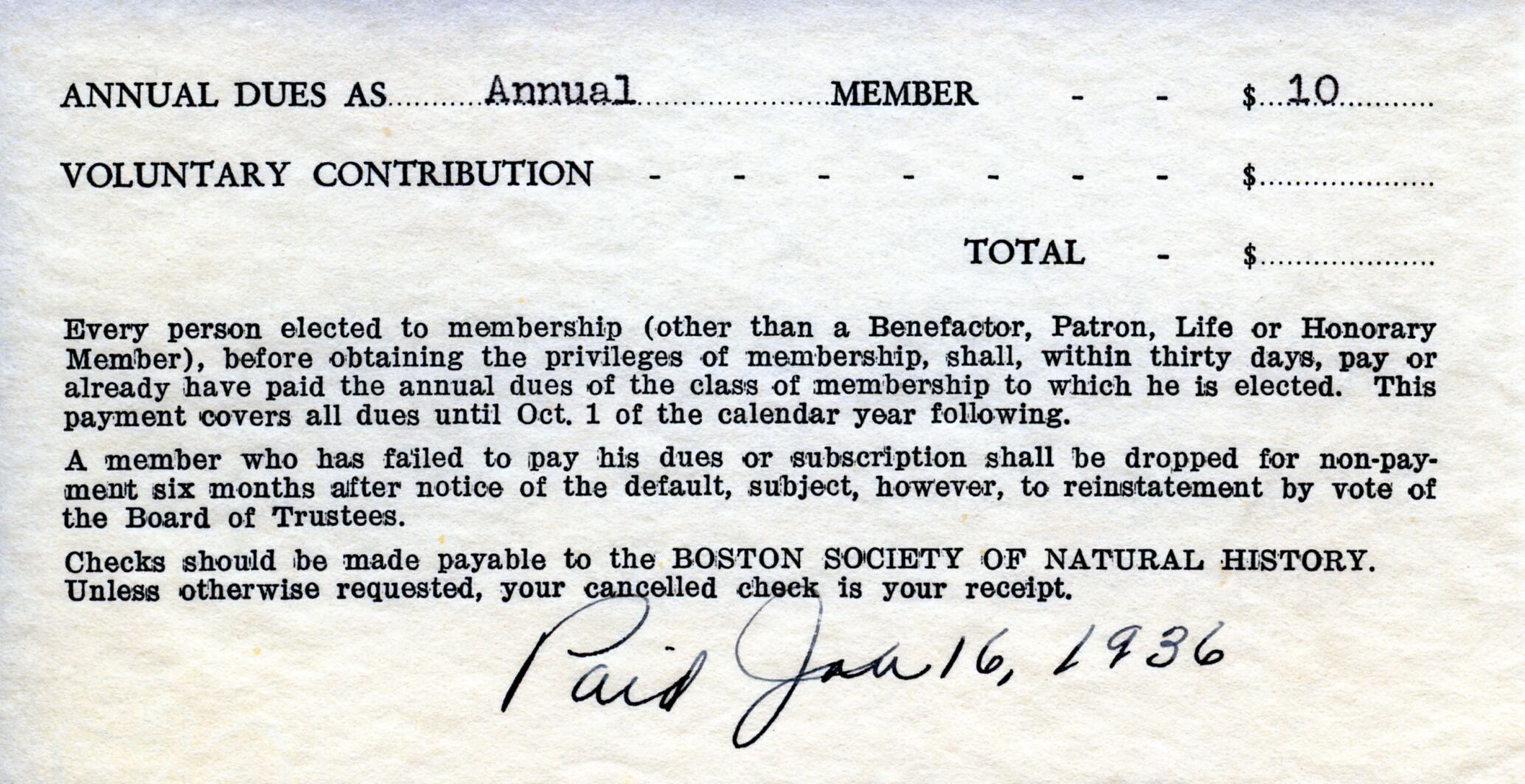 Receipt, Boston Society of Natural History, January 16, 1936.tif
