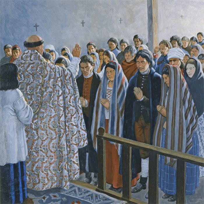 An illustration of people praying inside of a church while a priest with a shaved head and ring of hair wearing embellished robes says the prayer