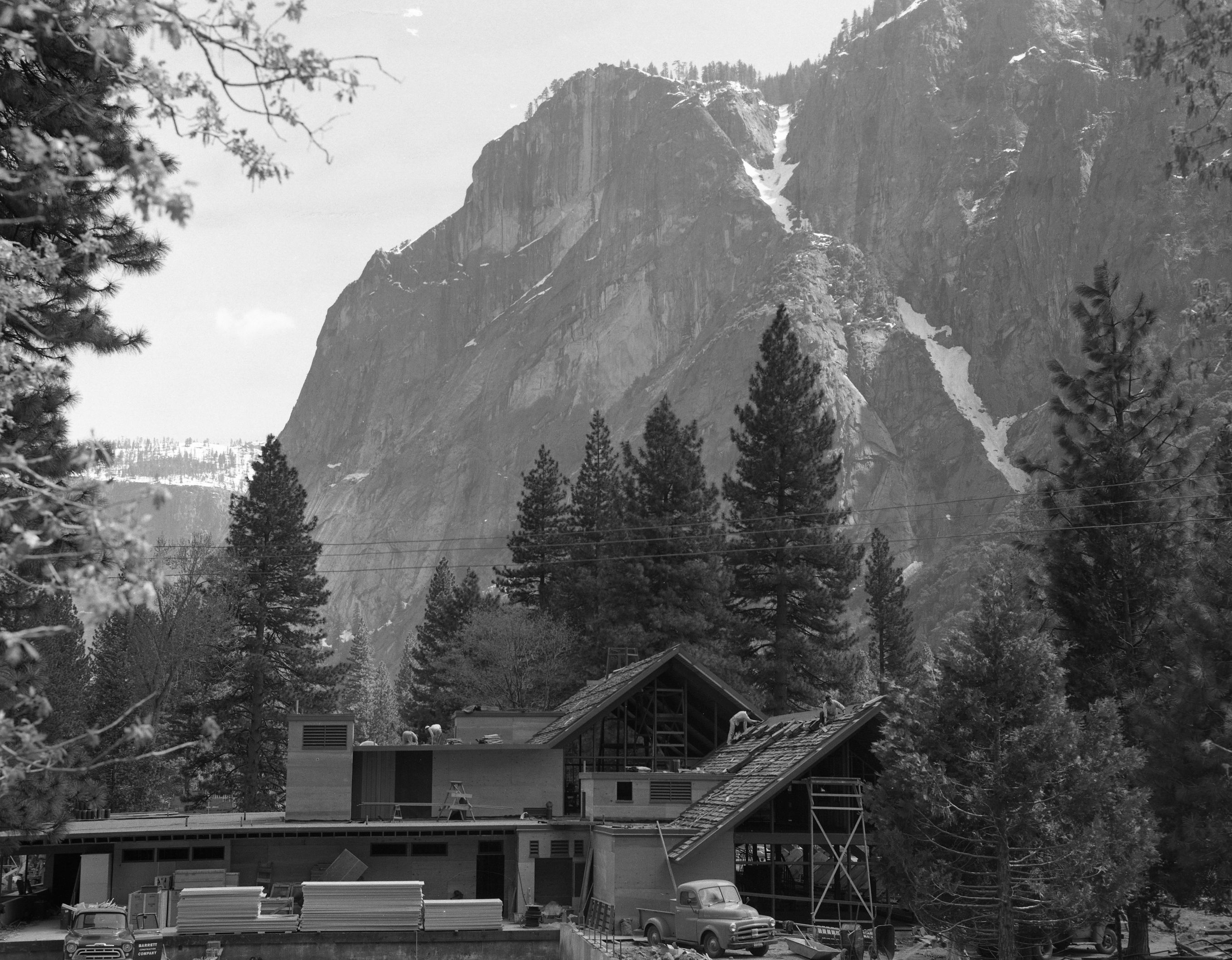 Subject: Degnan's Store near completion at Yosemite Village. Location: Yosemite Valley. Purpose: Mission 66 Cooperative Project.