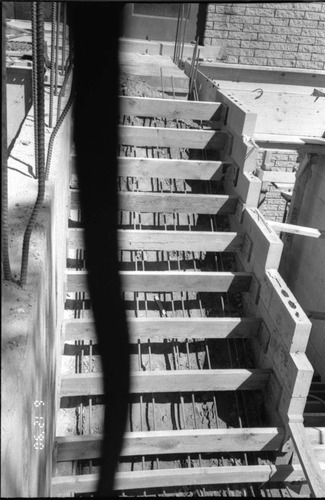 Staircase being built during the construction of headquarters addition.