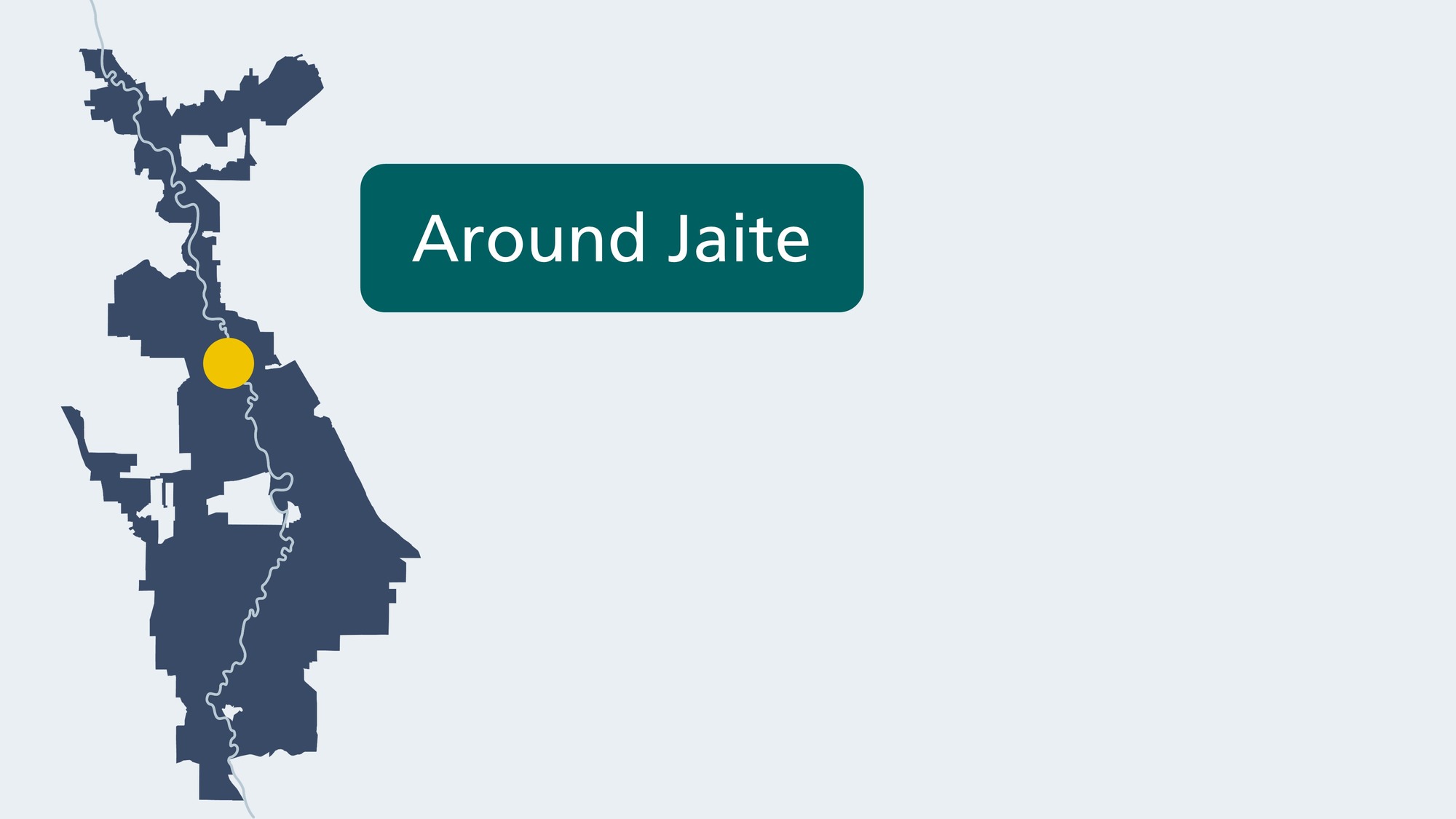 Blue illustration of an irregularly shaped park boundary and a winding river in light blue down its center; at right, text: “Around Jaite.”