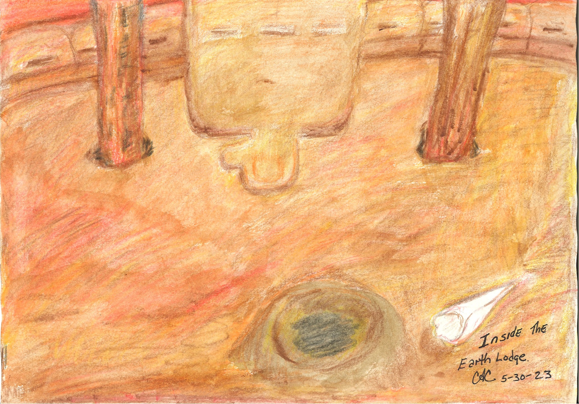 Watercolor pencil drawing of the inside of the Earth Lodge viewed from the entrance. At the bottom, center of the page is an empty firepit molded out of the clay floor with a white conch shell to the right. On the upper half of the page or two large wooden posts that rise out of view on either side of the head of the bird of prey effigy. At the base of the effigy are three notches in the clay. Either side of the effigy are raised clay seats. The whole image is blended in colors of brown, orange, yellow, and red.