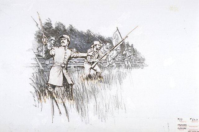 First Battle of Manassas: scene depicts the Confederate's 33rd Virginia Infantry, under the command of Col. A.C. Cummings, emerging from the woods, leaping over a rail fence and charging Capt. Charles Griffin's Battery (Battery D, 5th U.S. Artillery).