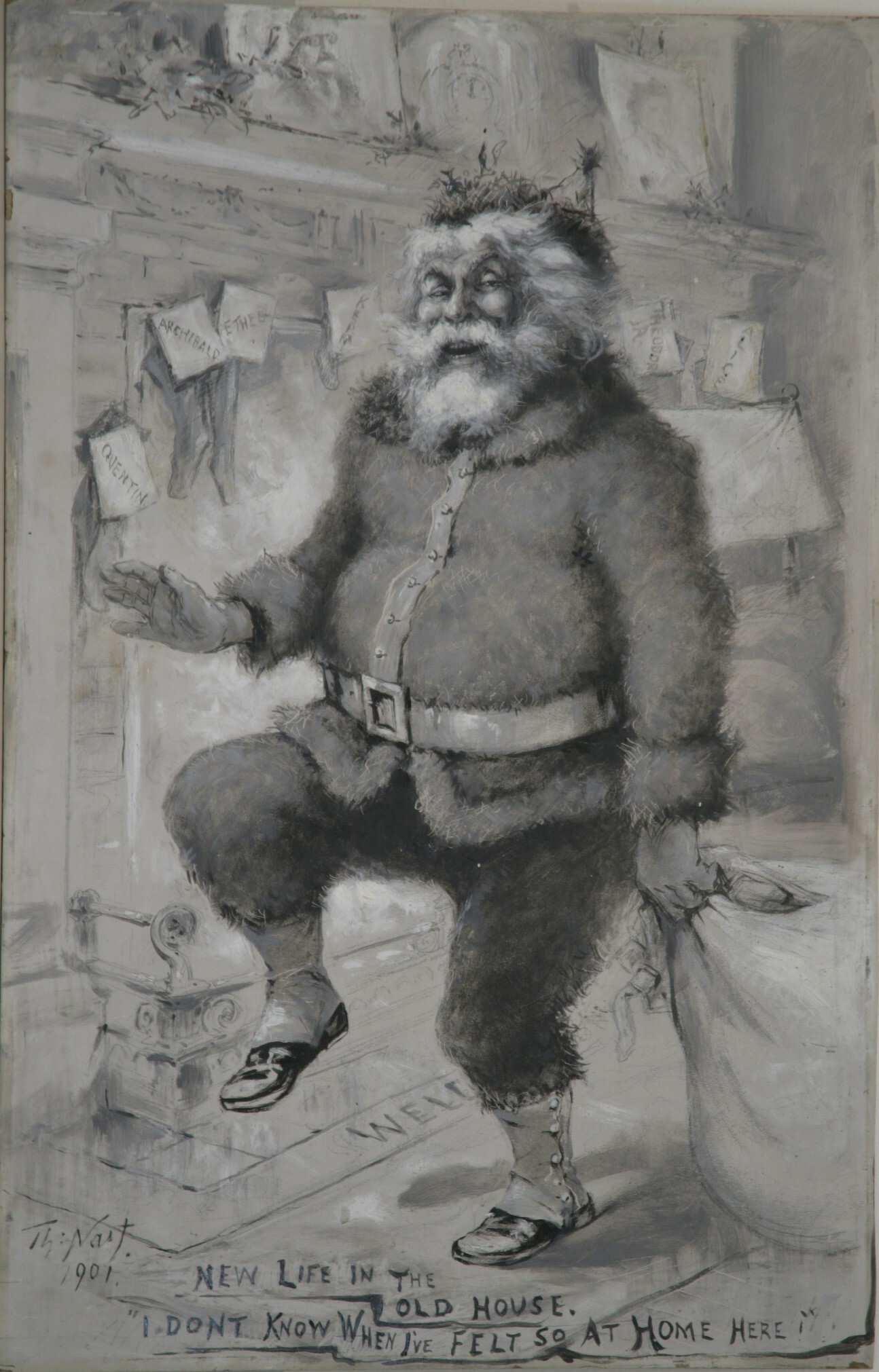 A black and white ink drawing of a jolly round Santa Claus holding a bag of presents. There is a fireplace mantle behind Santa Claus with stockings. Each stocking has the name of one of the Roosevelt children: Quentin, Archie, Ethel, Kermit, Ted Jr., Alice. 