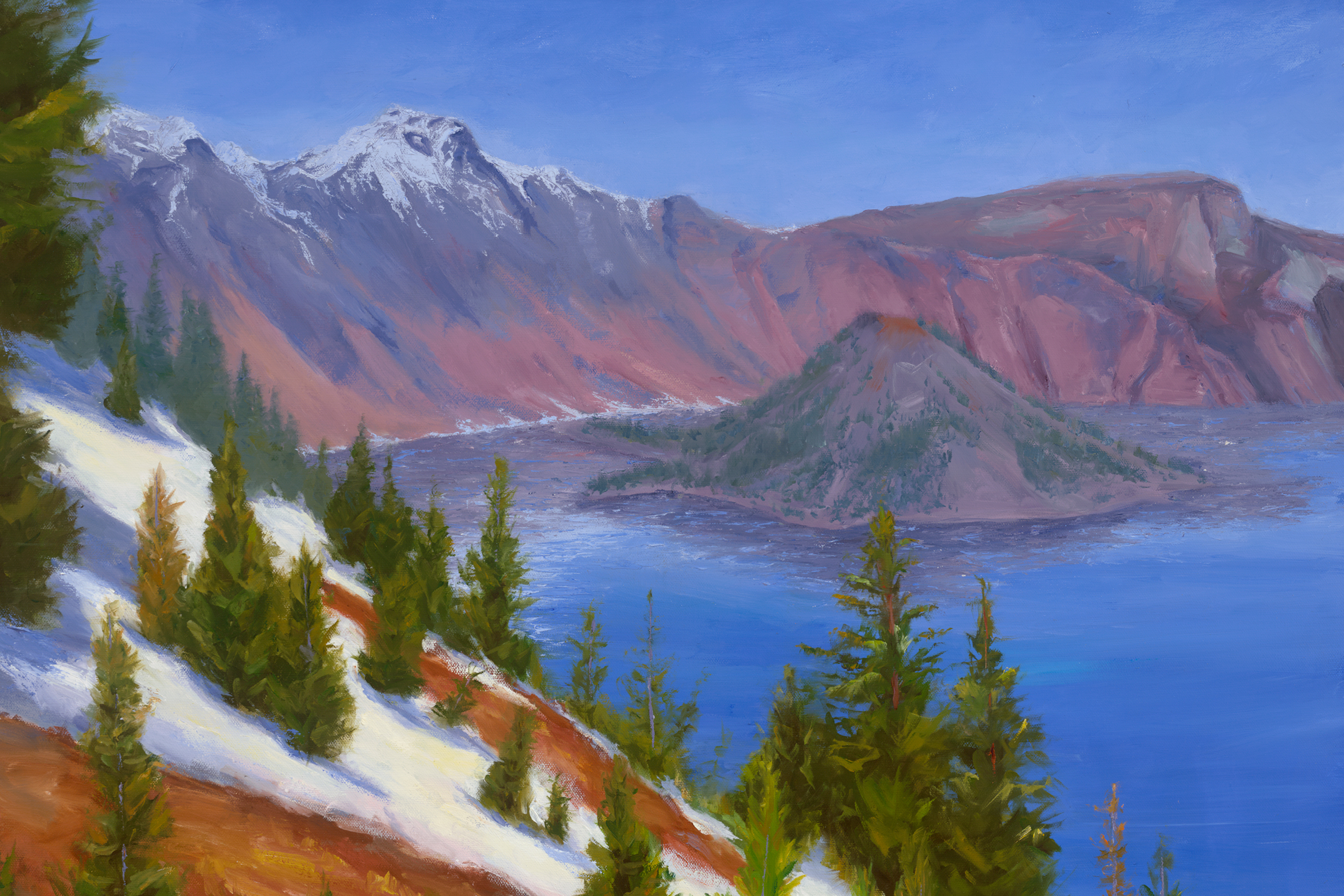 An oil painting depicting Crater Lake.