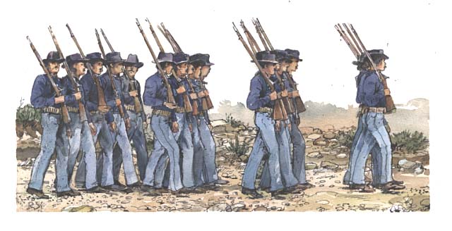 Infantry group marching. Illustration depicts seventeen men, shown mostly in profile, marching in four ranks with rifles shouldered. Illustration is unpublished.