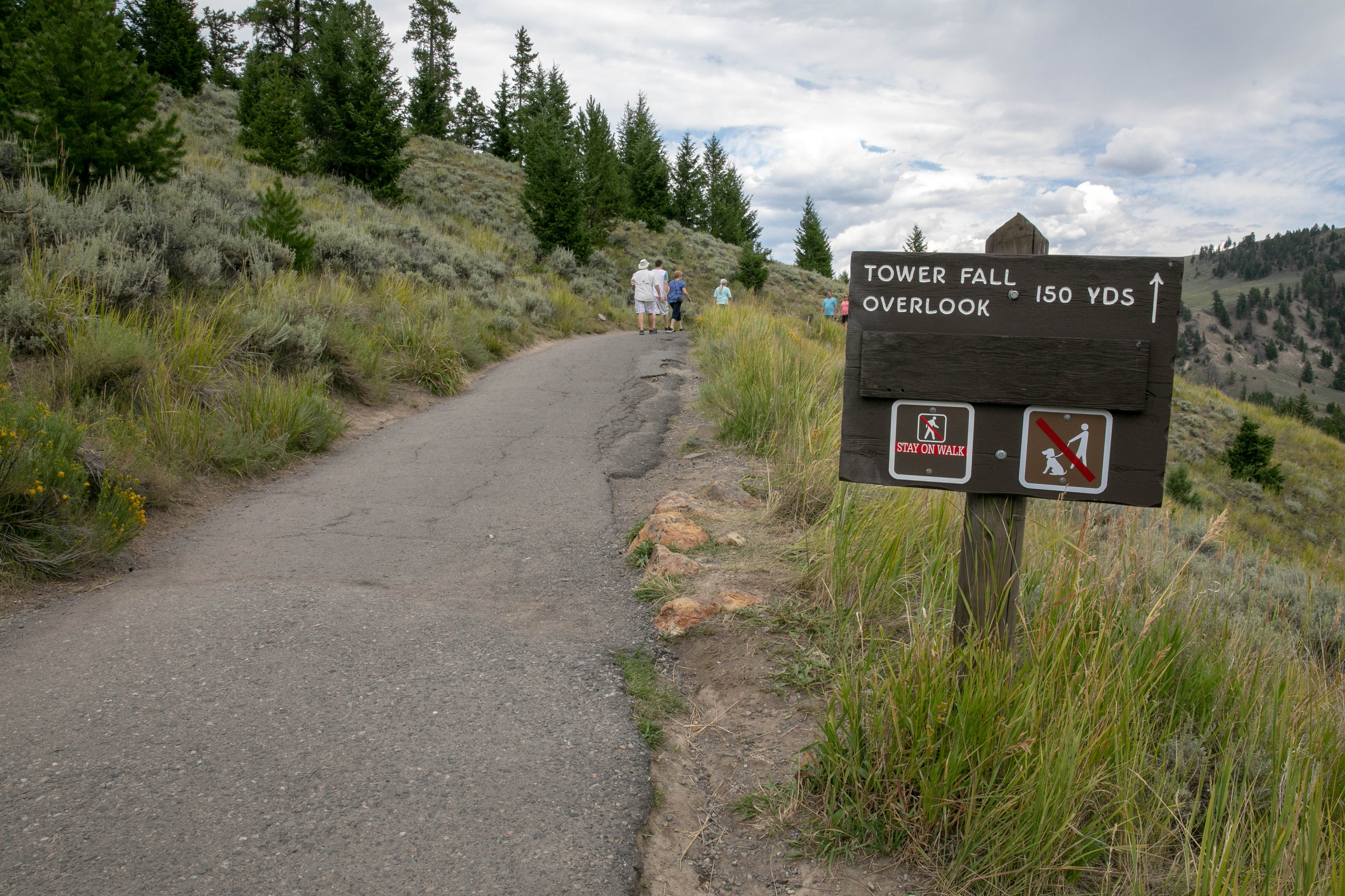 People walk on an asphalt trail up a slight hill