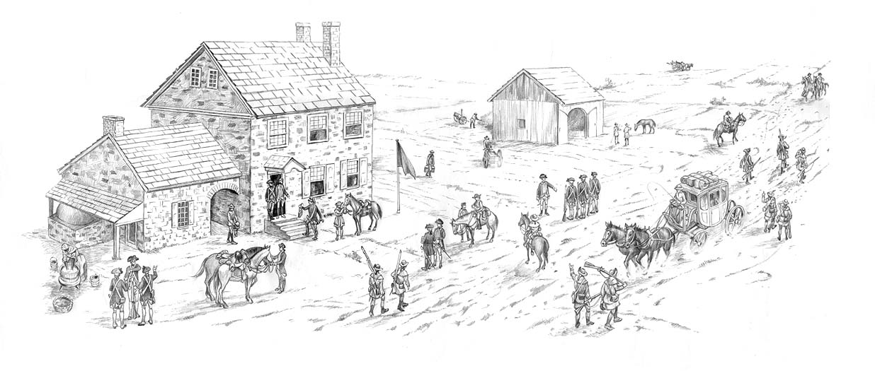 A reconstructed scene of the various activities around Gen. George Washington's headquarters (Isaac Potts House) during the winter encampment at Valley Forge in 1778.