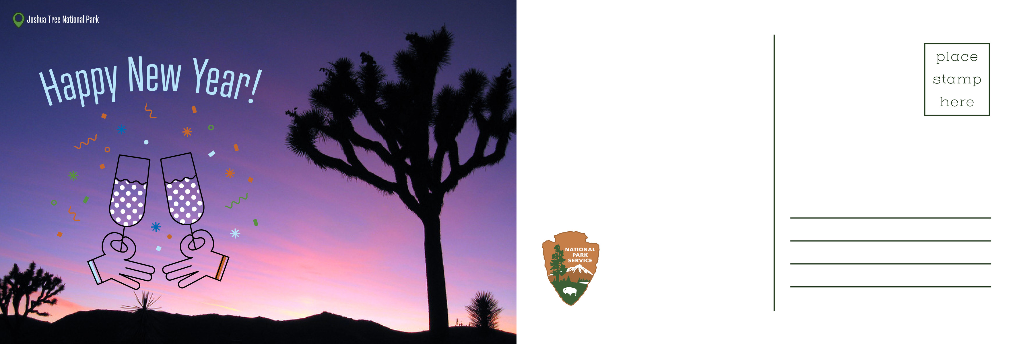 Image of sundown at Joshua Tree National Park with tree's back light by a pink and purple sky. Graphics over the image read "happy new year!" and there are two animated hands clinking glasses, surrounded by confetti.  