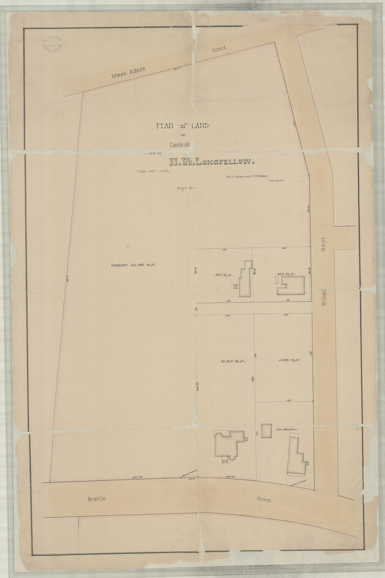 Drawing of plan showing distribution of a five lots between Brattle and Mt. Auburn streets, with measurements and square footage