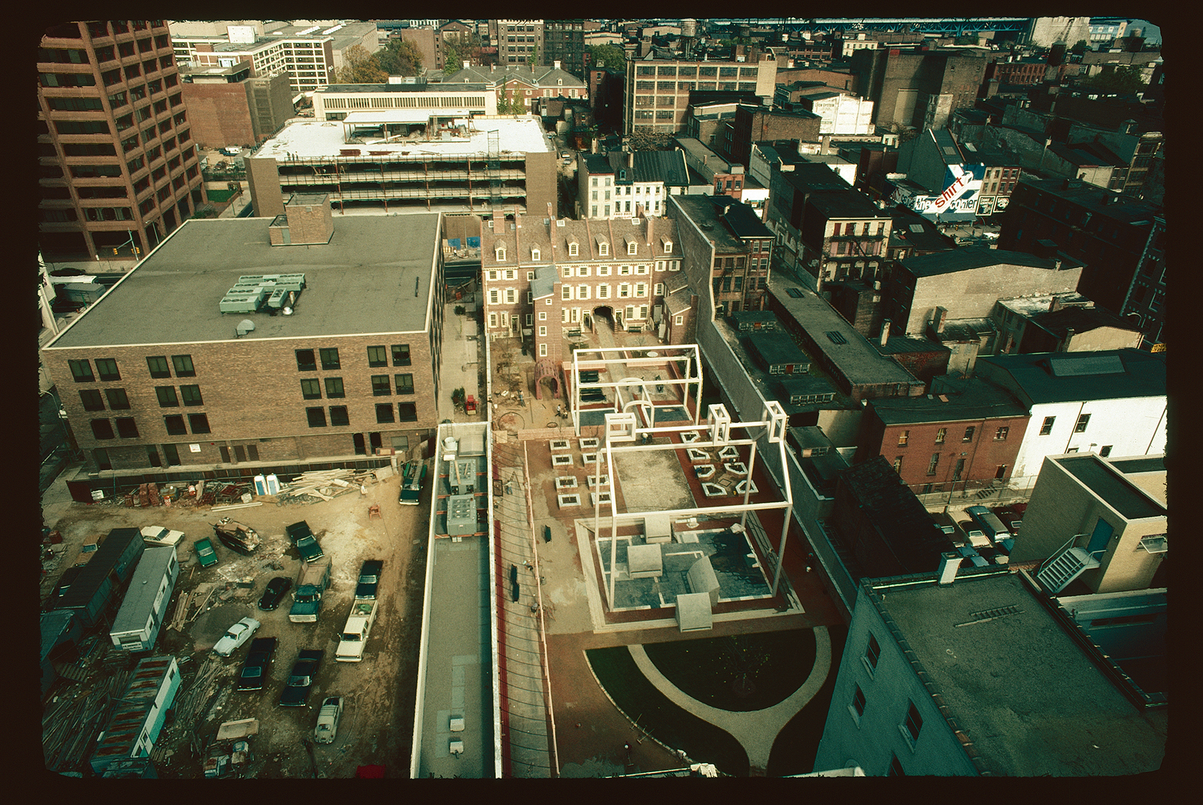 Franklin Court. Aerial view. Looking northeast towards Market Street.