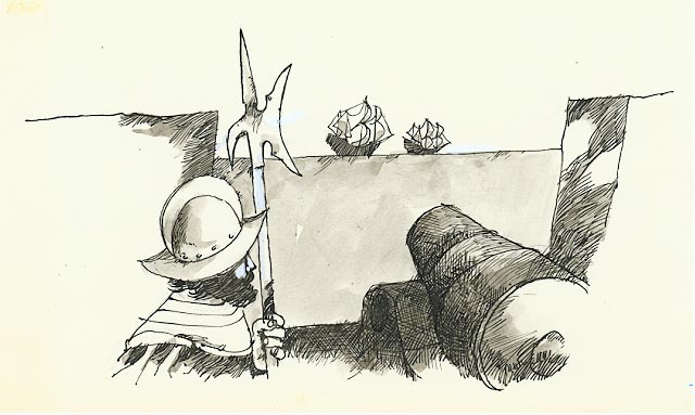 View from a parapet showing cannon placement with a Spanish conquistador watching two ships seen along the horizon.