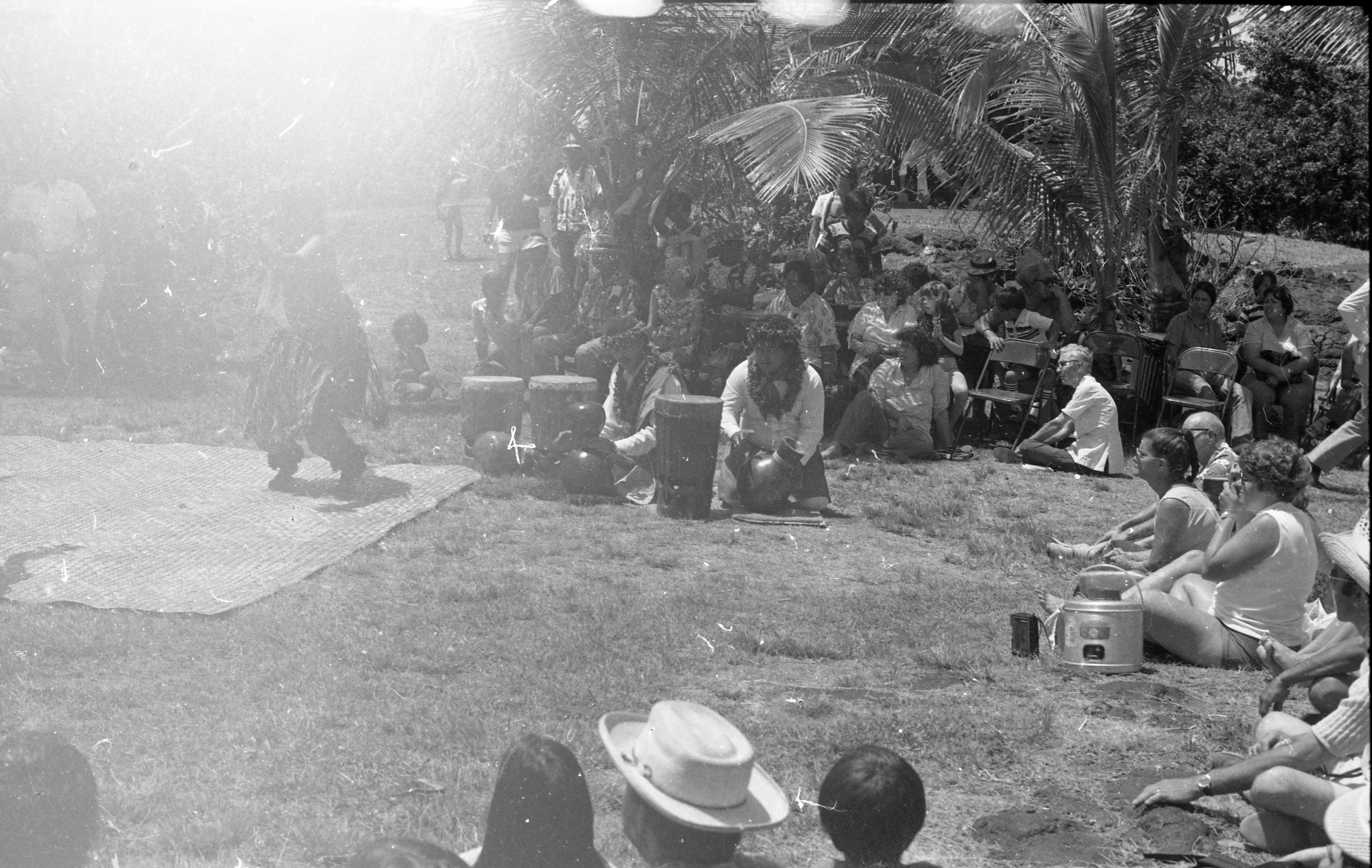 A black and white image of a large crowd of people watching a woman performing a hula. The woman performing is located on the left side of the image barely visible. She is standing on a woven mat wearing a floral headband, lei, floral bracelets, one on each wrist, a tube top, a grass skirt with pants underneath, and a floral anklet on each of her feet. To the left of the woman there are two men sitting down on the grass behind three drums and two gourds. The men are dressed similarly. They are wearing floral headbands, lei, a long sleeve shirt, and shorts. The man sitting towards the right most side is holding one of the gourds in his hands.