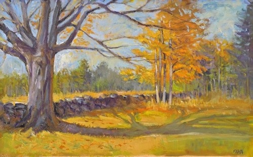A painting of a meadow with a stone wall. There are several trees along the meadow with orange and green leaves.