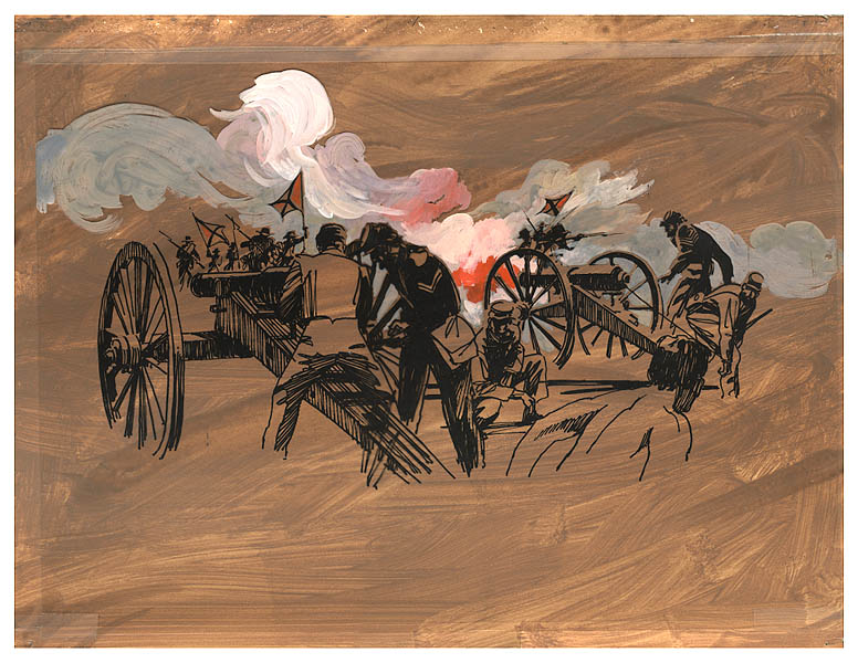 Union artillery battery firing on Confederate charge.