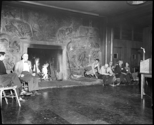 Mr. Albright Preston and Murdock at "Campfire Day" in Yosemite, Camp Curry