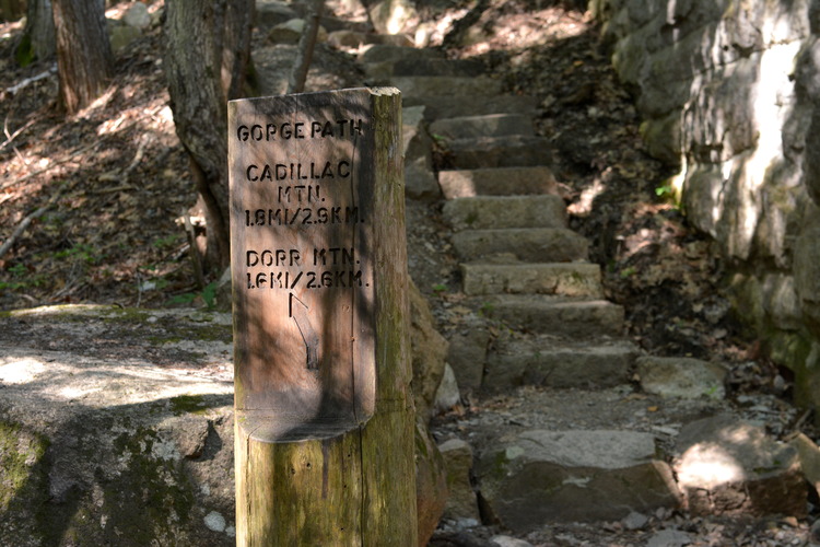 Wooden trail sign in front of rock steps