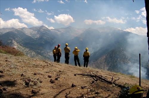 Fire monitors observe fire activity on the Comb Complex wildfire, Sequoia and Kings Canyon National Parks, July 2005
