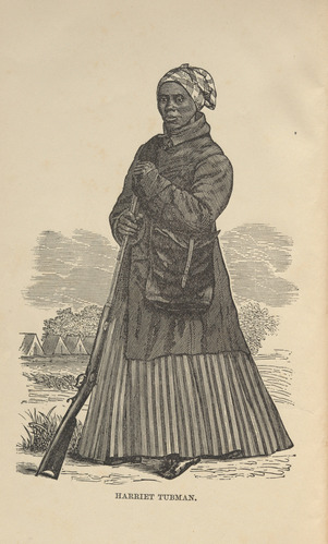 A woodcut illustration of a Black woman in a long striped skirt, wearing a soldier's coat, patterned headscarf, and holding a rifle.