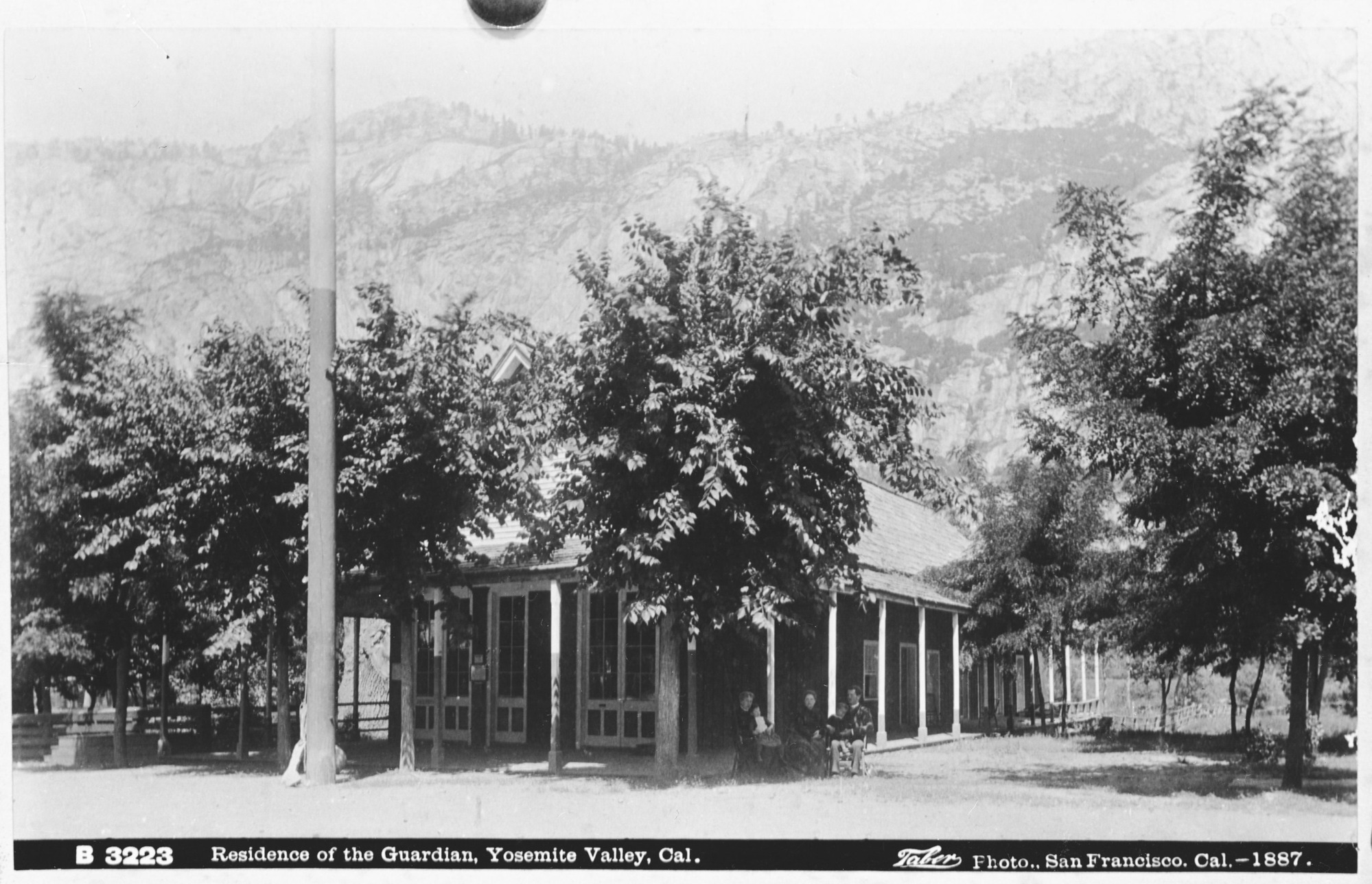Galen Clark's House (or Dennison's?) - Residence of the Guardian. Spring of 1887. Mother, Belle, Walter, Lee an Isabel. Notes: Cosmopolitan House - plumbing removed, used by Dennison when he was Guardian. Photographer: Isaiah West Taber (?). copied by Ralph H. Anderson, copied March 1941.