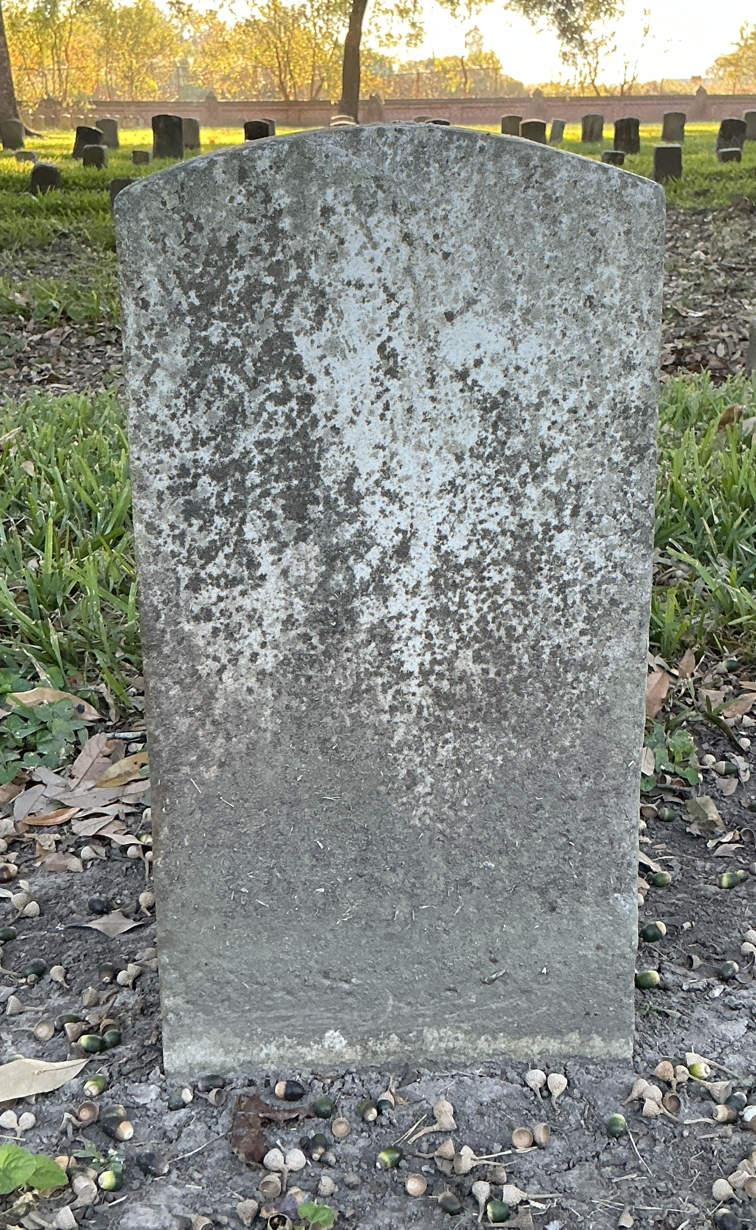 Back of historic upright marble headstone with recessed shield face.