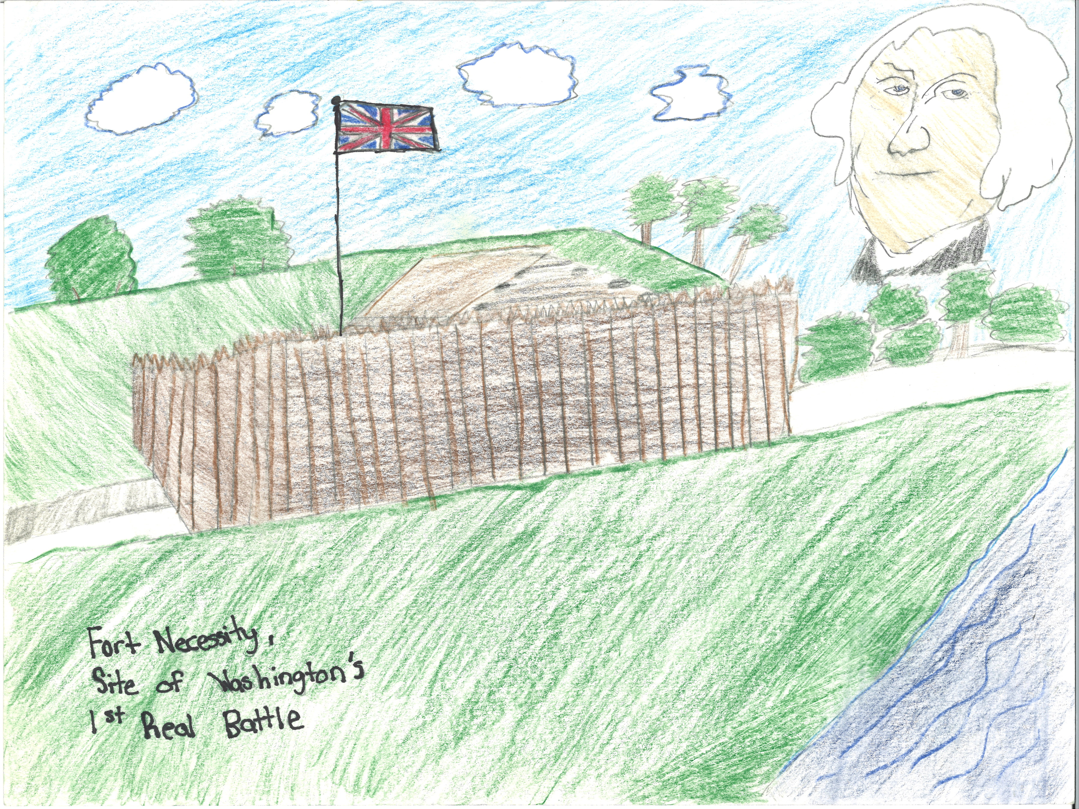 Drawing of Fort Necessity with portrait of Washington in the upper right corner