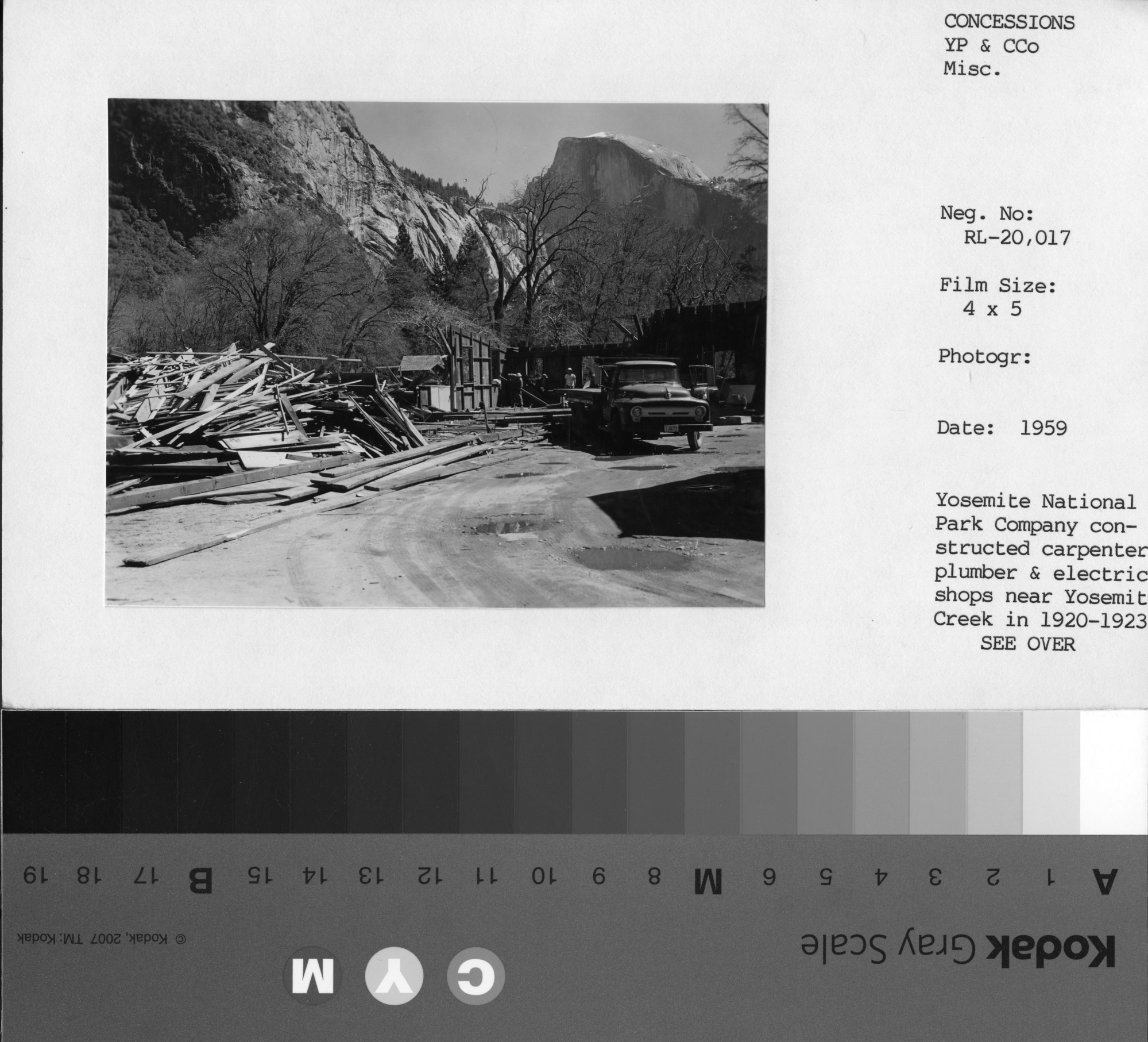 Yosemite National Park Company constructed carpenter, plumber, and electrical shops near Yosemite Creek in 1920-1923. They were razed in 1959 and a new warehouse was built in a different location. On the negative envelope: "Destruction of Old Maintenance Area."