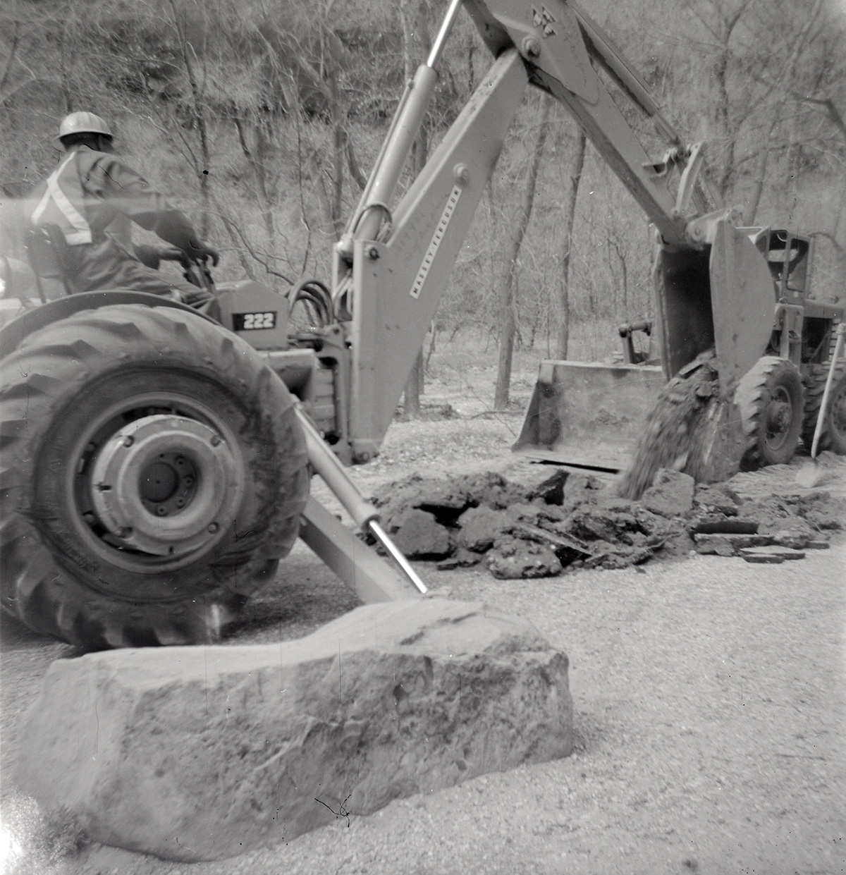 Man working excavator during road construction near the Temple of Sinawava.