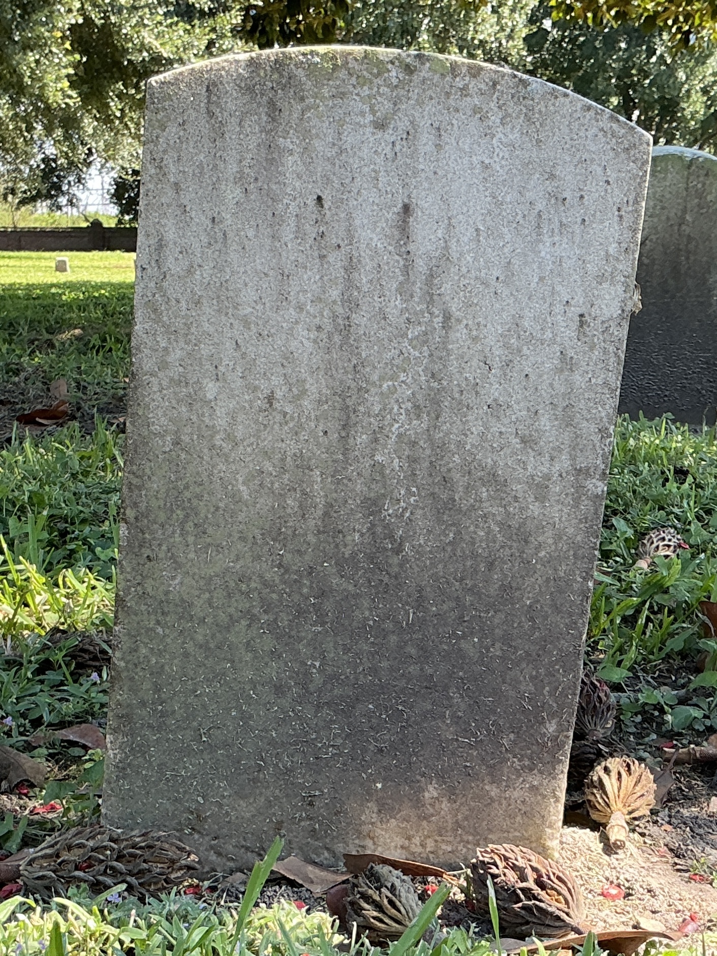 Back of historic upright marble headstone with recessed shield face.