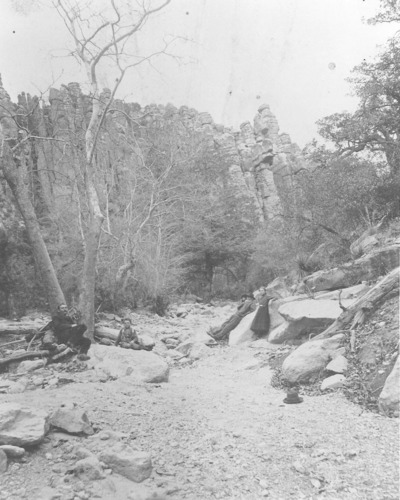 Black and white photo of people in old-fashioned clothes in a wash with rocks and trees. 