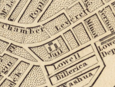 Selection of a map with a jail marked in the center of it with city blocks around it. 