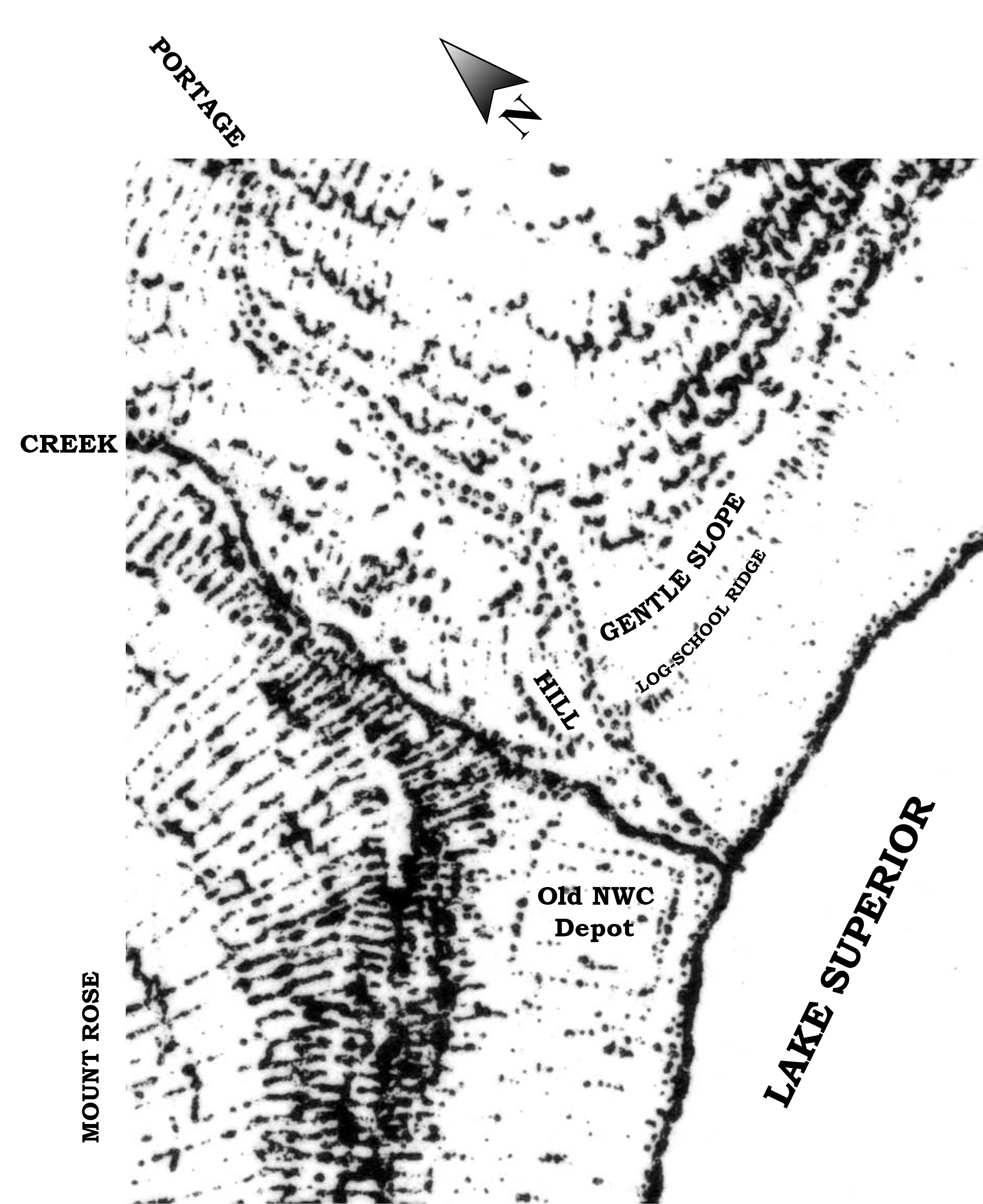 Black and white historic map of the Grand Portage shoreline. Not much visual detail, but the depot, gentle slope, hill, creek, and Lake Superior are labeled. 