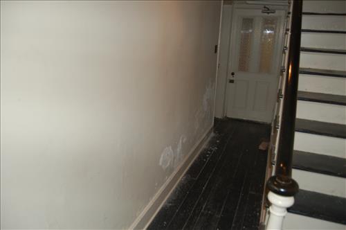 Water infiltration and damage to walls and floor of the Petersen House