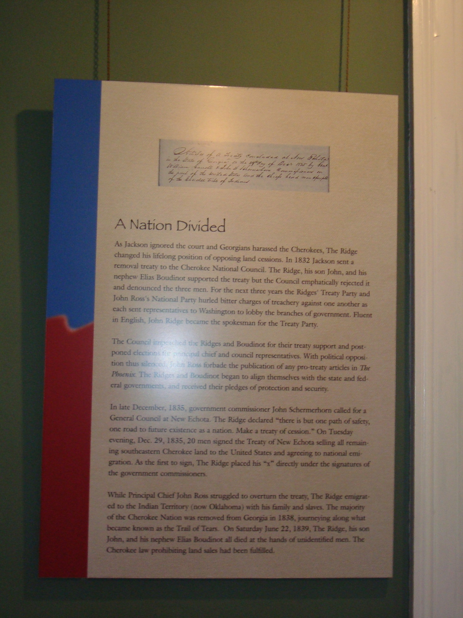 A Nation Divided exhibit panel side view at the Chieftains Museum, Major Ridge Home in Rome, Georgia