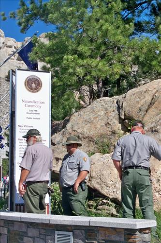 Staff preparing for naturalization ceremony, Mount Rushmore NM, July 14, 2011