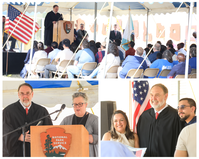 Three photo collage centers around a man in black robe. In the top photo, he speaks into a microphone in front of a seated crowd. On bottom left, he looks at the camera as a woman with a grey shirt reads into the microphone. On the bottom right, he poses with two individuals, one of whom recently became a US citizen.
