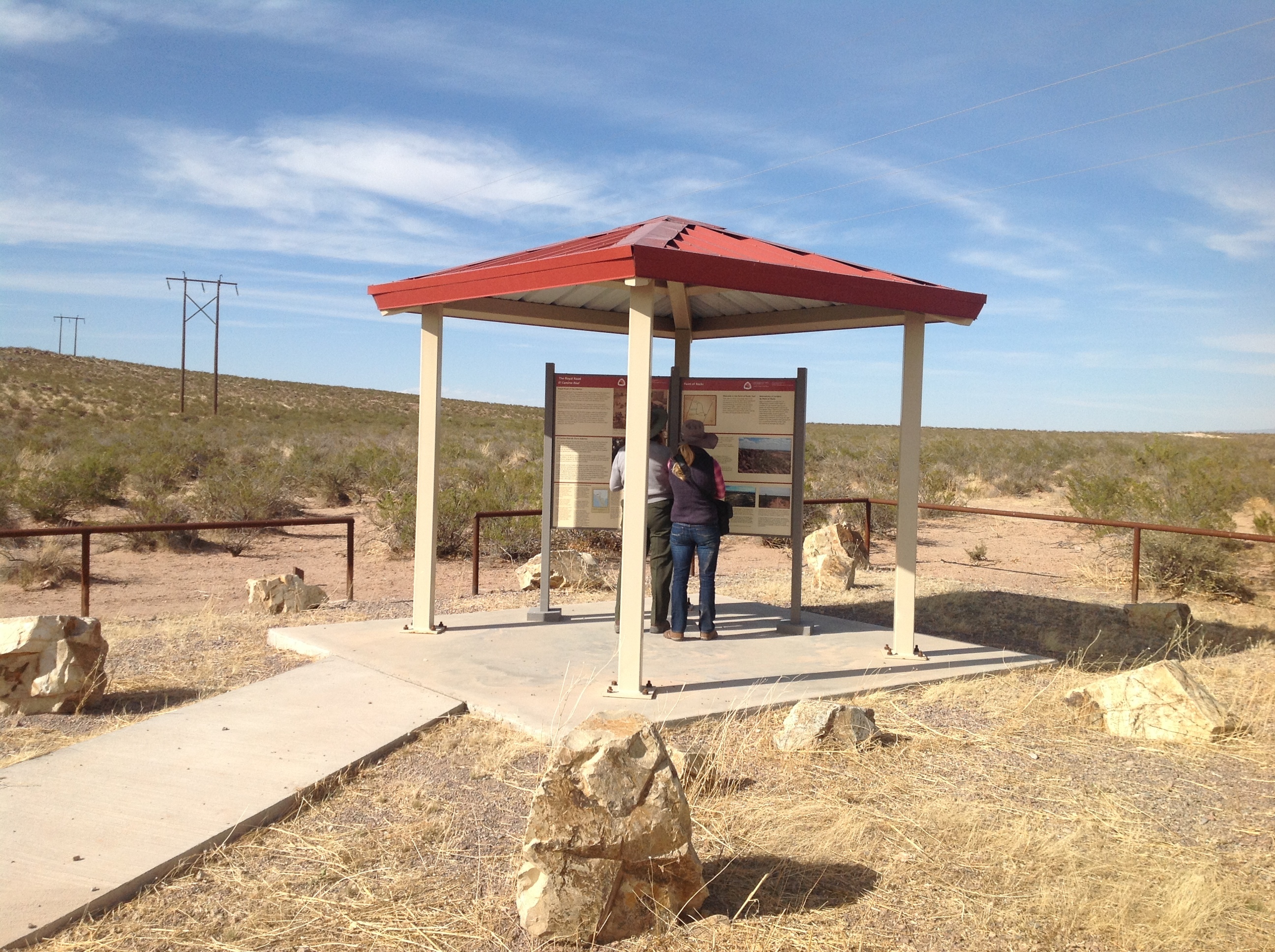 A kiosk shelter at the Jornada Del Muerto along the El Camino Real de Tierra Adentro National Historic Trail outside of Truth or Consequences, NM