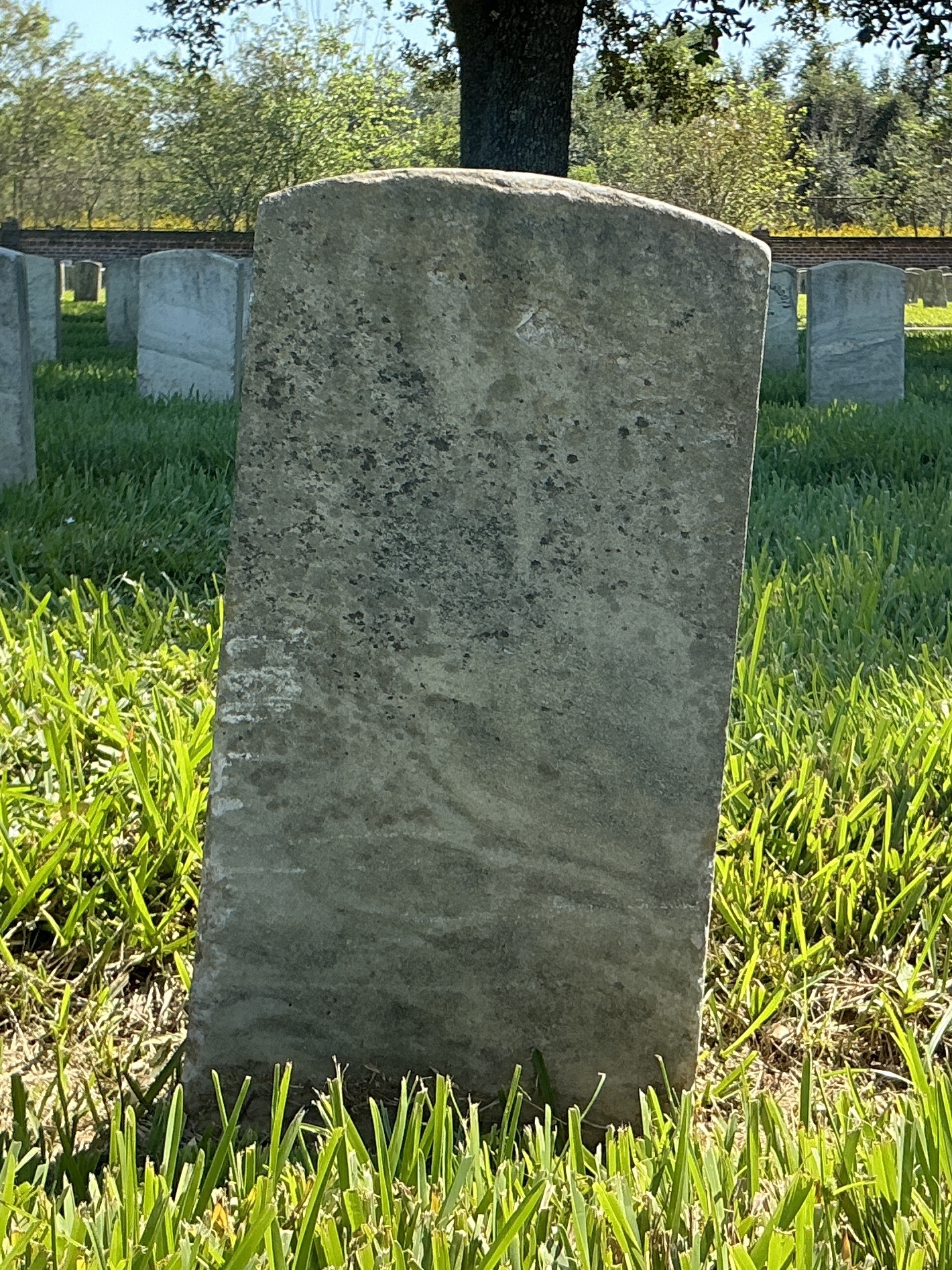 Back of historic upright marble headstone with recessed shield face.