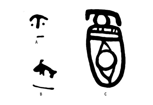 Drawings of three pictographs from the Chugach territory of Alaska